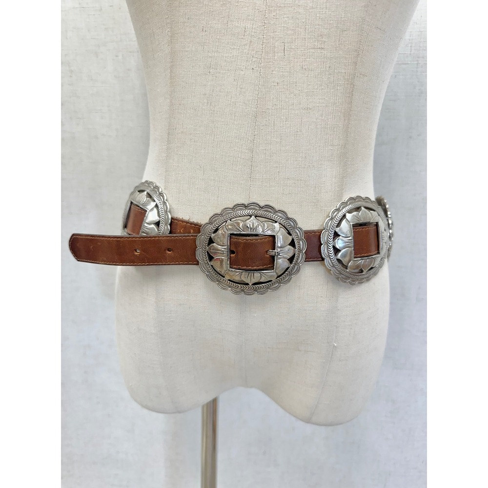 Vintage '93 Brown Leather Sunflower Silver Concho Belt Womens Large Southwestern - Picture 13 of 16